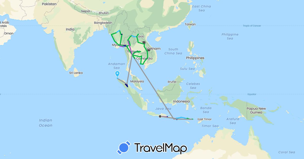 TravelMap itinerary: driving, bus, plane, train, boat, motorbike in Indonesia, Cambodia, Laos, Myanmar (Burma), Thailand (Asia)